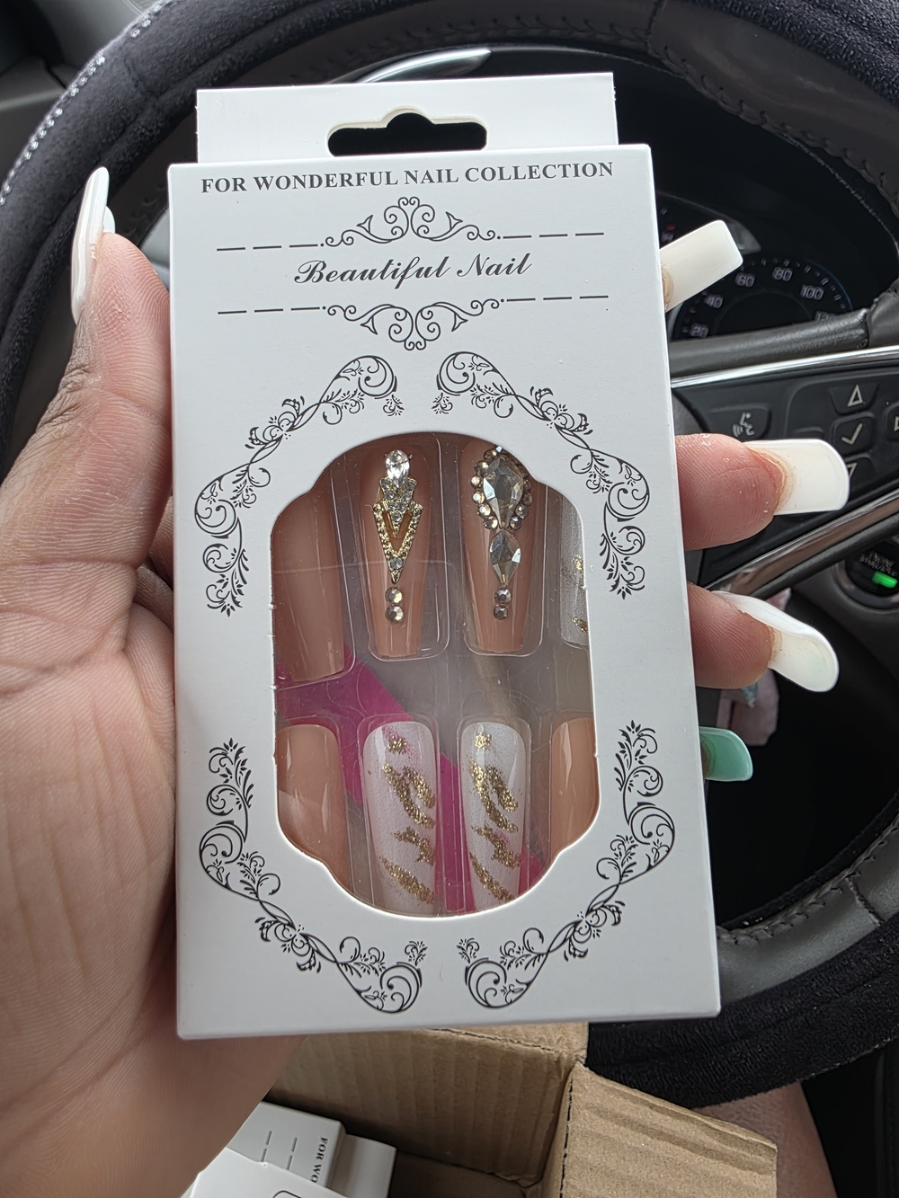 Women’s Press-On Nail Set in Nude and Pink with Gold Accents